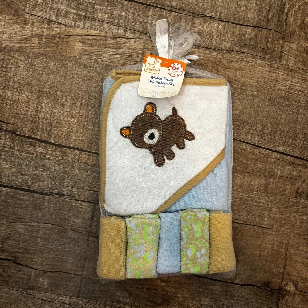 Swiggles Hooded Towel Washcloth Set 6 Pieces Baby Boy‎ Girl Bear Theme